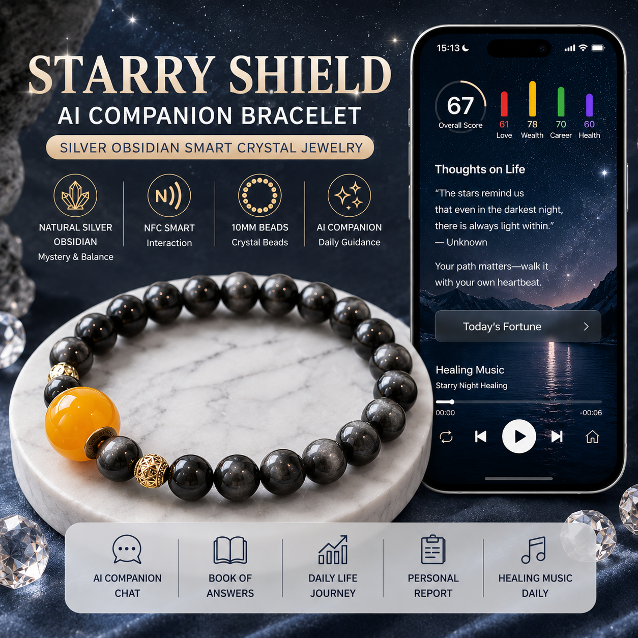 Starry Shield AI Companion Bracelet with silver obsidian crystal beads, NFC smart interaction and personalized daily guidance display
