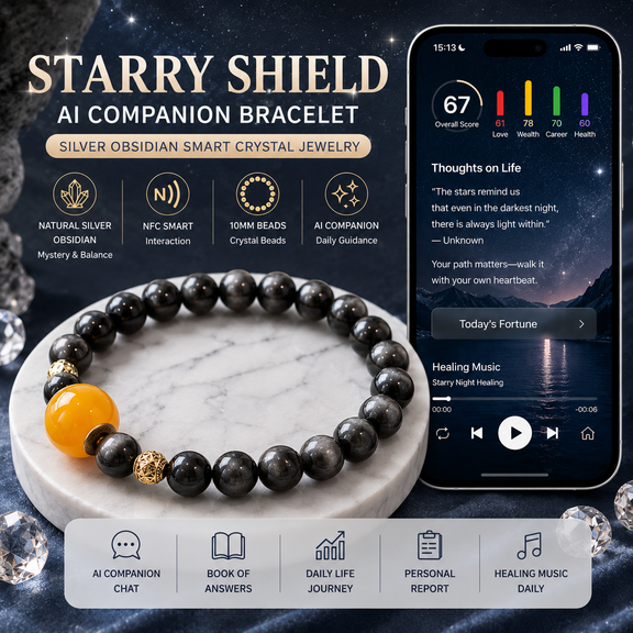 Starry Shield AI Companion Bracelet with silver obsidian crystal beads, NFC smart interaction and personalized daily guidance display