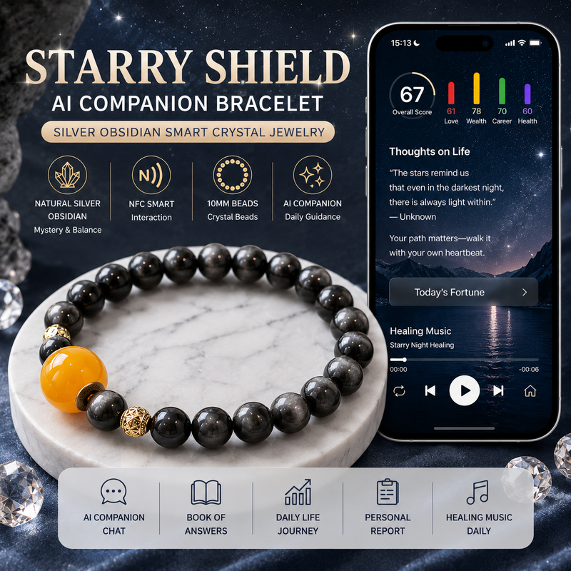 Starry Shield AI Companion Bracelet with silver obsidian crystal beads, NFC smart interaction and personalized daily guidance display