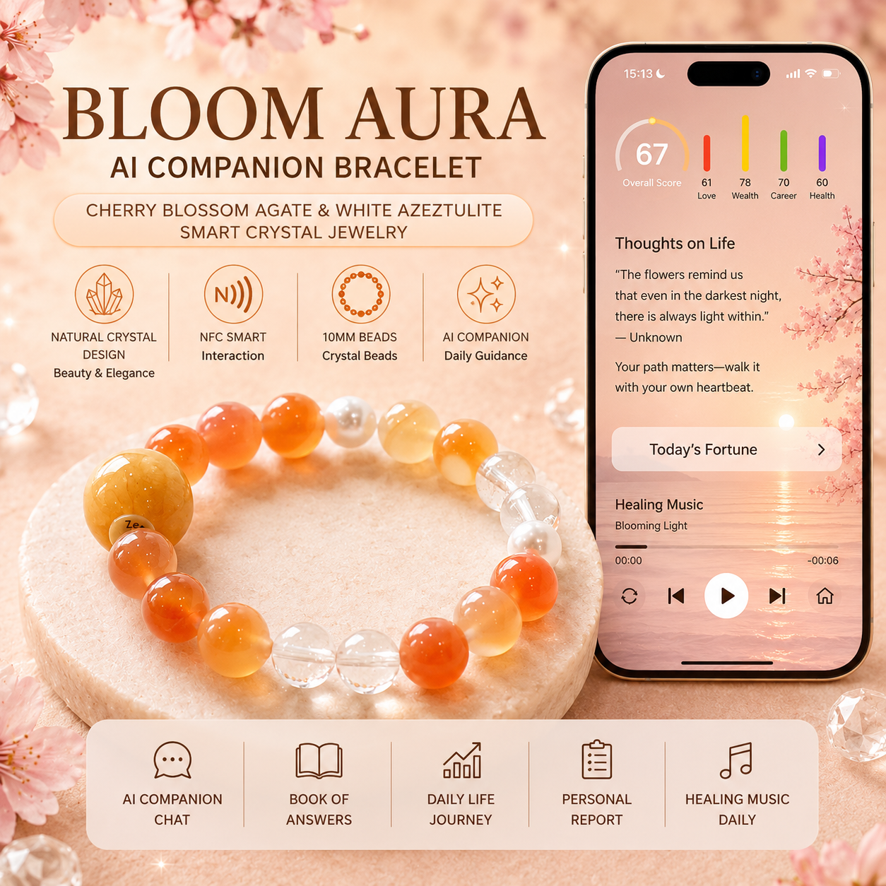 Bloom Aura AI Companion Bracelet with Cherry Blossom Agate and White Azeztulite beads featuring NFC smart interaction and personalized AI guidance