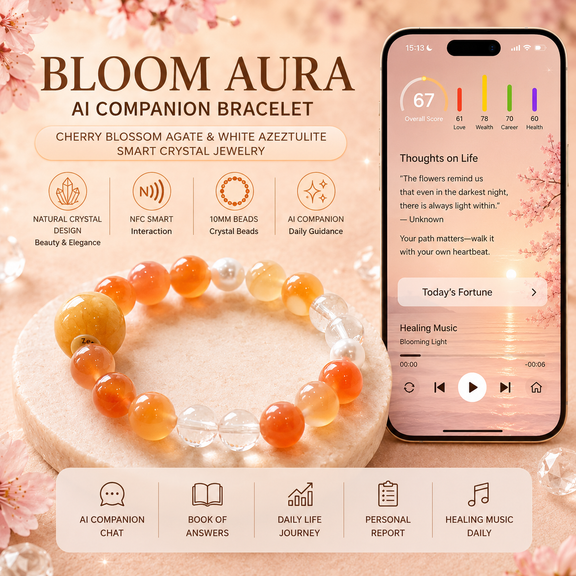 Bloom Aura AI Companion Bracelet with Cherry Blossom Agate and White Azeztulite beads featuring NFC smart interaction and personalized AI guidance