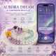 Aurora Dream AI Companion Bracelet with Fluorite White Crystal and Amethyst beads featuring NFC smart interaction and personalized AI guidance