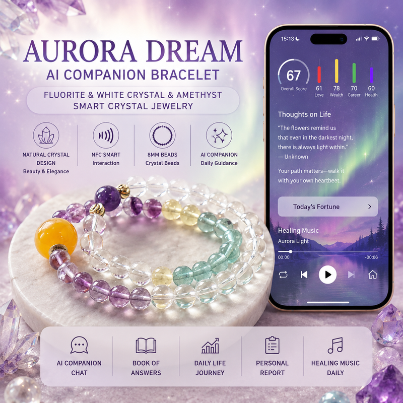 Aurora Dream AI Companion Bracelet with Fluorite White Crystal and Amethyst beads featuring NFC smart interaction and personalized AI guidance