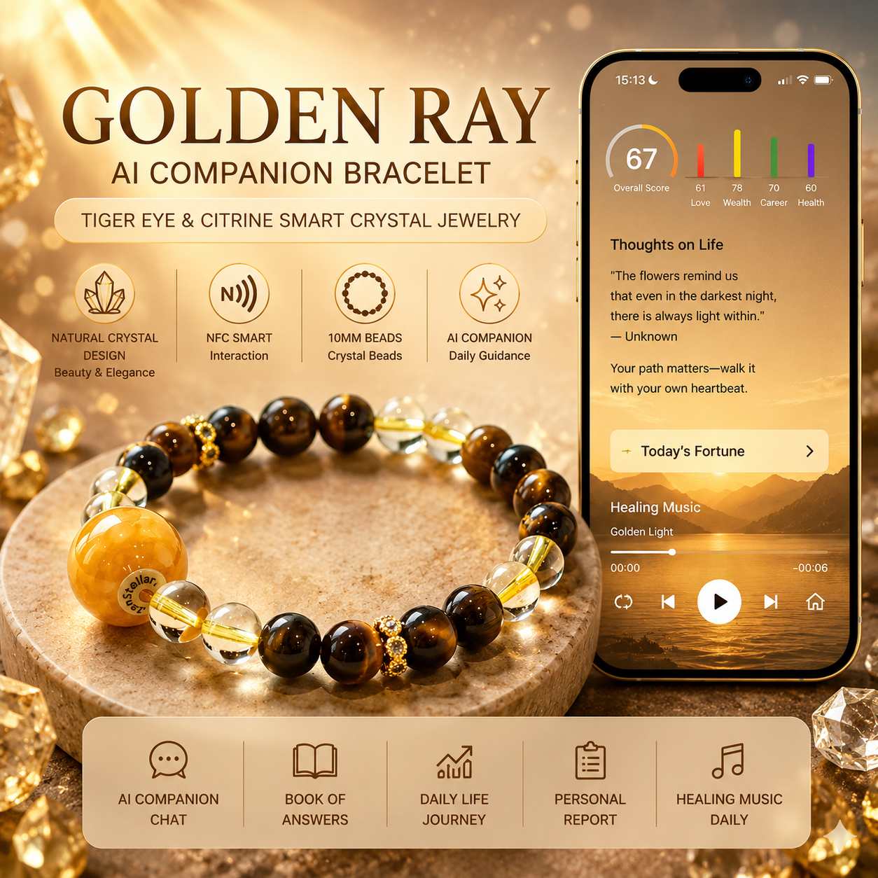 Golden Ray AI Companion Bracelet with Tiger Eye and Citrine beads featuring NFC smart interaction and personalized AI guidance