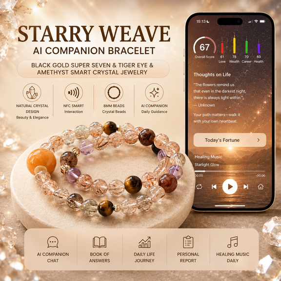 Starry Weave AI Companion Bracelet with Black Gold Super Seven Tiger Eye and Amethyst beads featuring NFC smart interaction and personalized AI guidance