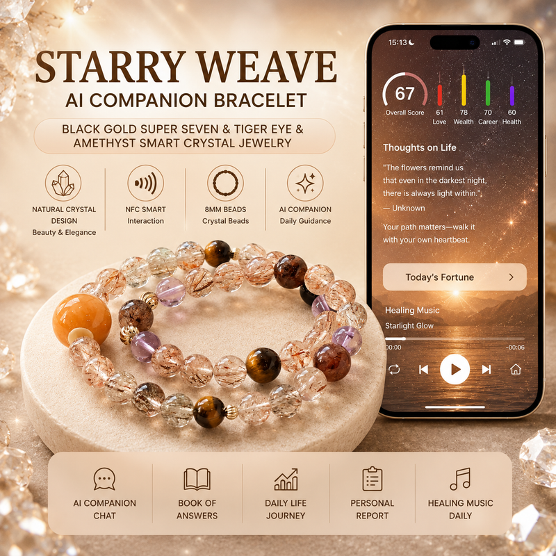 Starry Weave AI Companion Bracelet with Black Gold Super Seven Tiger Eye and Amethyst beads featuring NFC smart interaction and personalized AI guidance