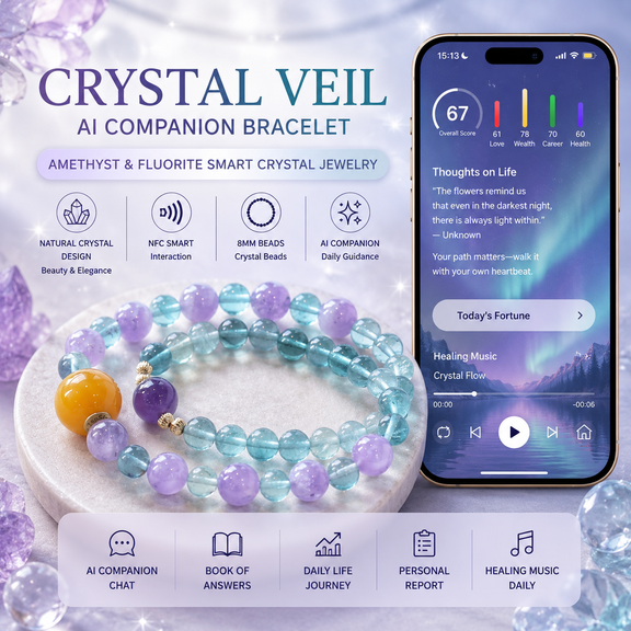 Crystal Veil AI Companion Bracelet with Amethyst and Fluorite beads featuring NFC smart interaction and personalized AI guidance