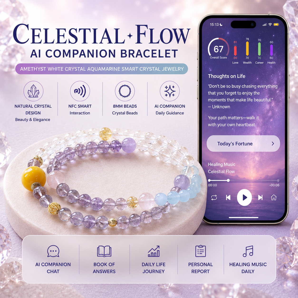 Celestial Flow AI Companion Bracelet with Amethyst White Crystal Aquamarine and Smart NFC Bead