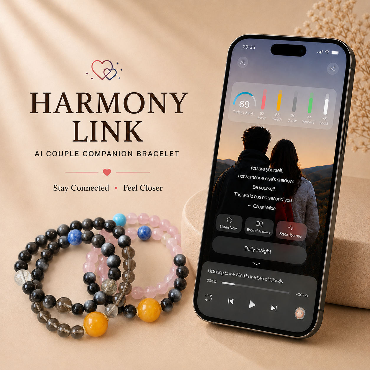 Harmony Link AI couple companion bracelet set with natural crystal beads and interactive companion app interface