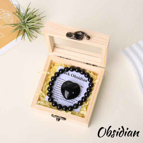 Black Obsidian bracelet gift set with matching heart stone and wooden box