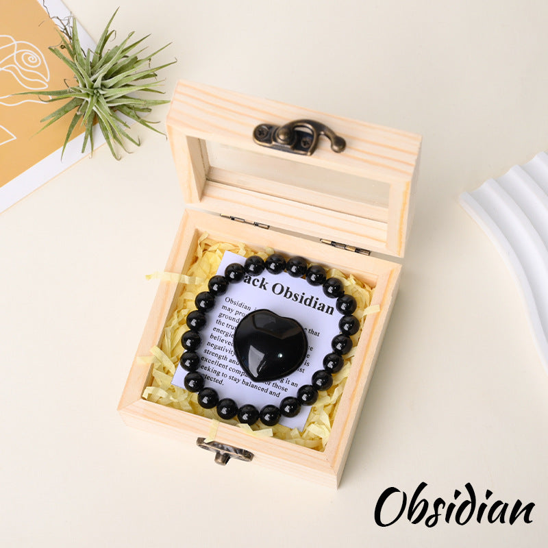 Black Obsidian bracelet gift set with matching heart stone and wooden box