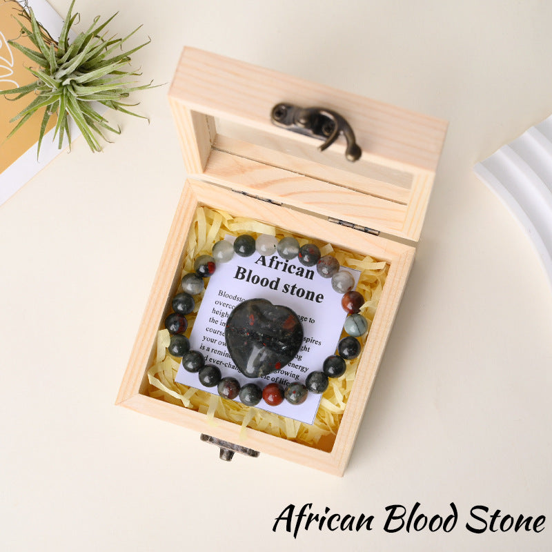 African Bloodstone bracelet gift set with matching heart stone and wooden box