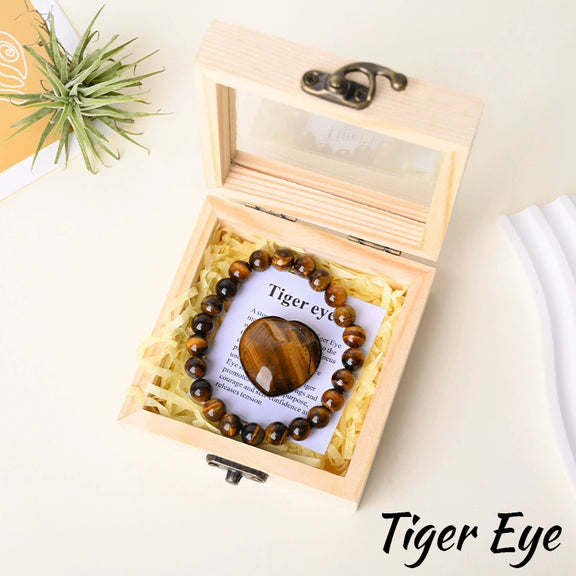 Tiger's Eye crystal bracelet gift set with matching gemstone heart