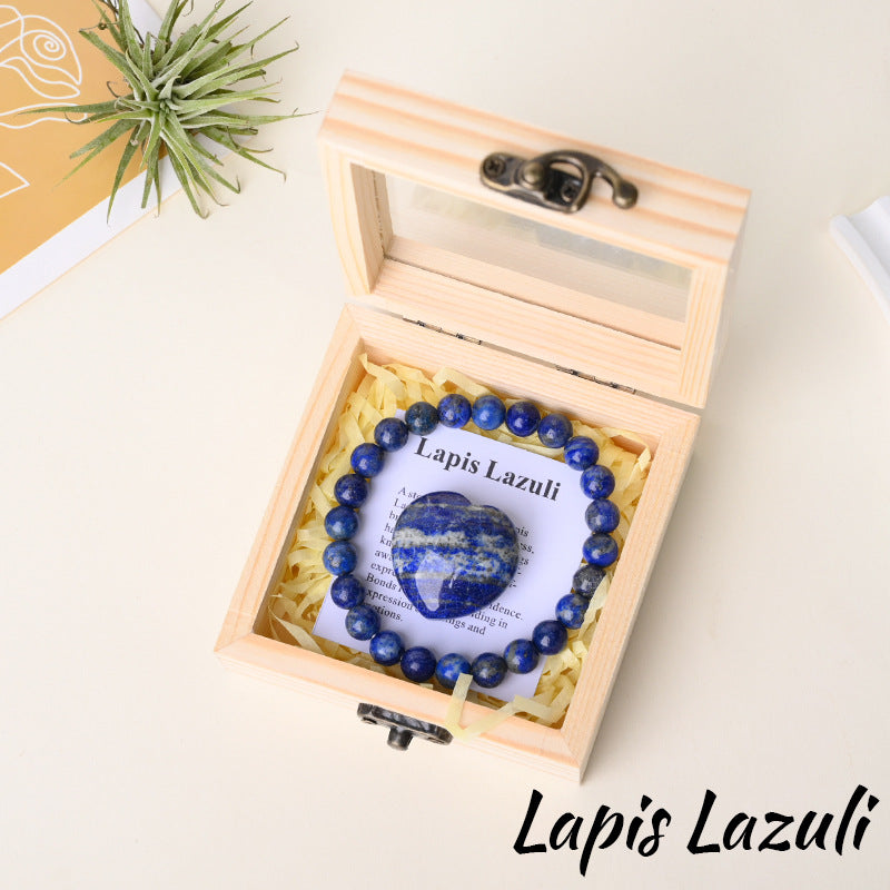 Lapis Lazuli bracelet gift set with matching heart stone and wooden box