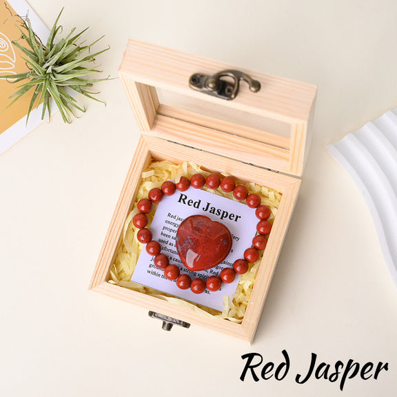Red Jasper bracelet gift set with matching heart stone and wooden box