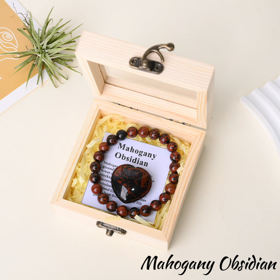 Red Obsidian bracelet gift set with matching heart stone and wooden box