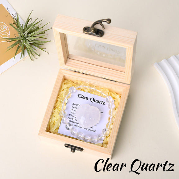 Clear Quartz bracelet gift set with matching heart stone and wooden box