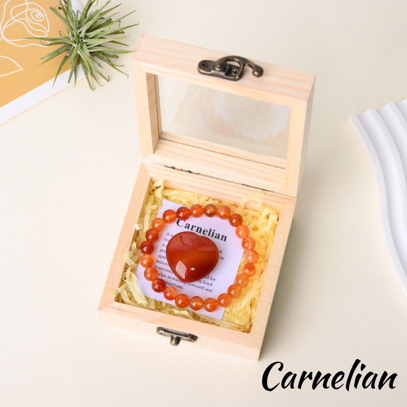 Carnelian bracelet gift set with matching heart stone in wooden box