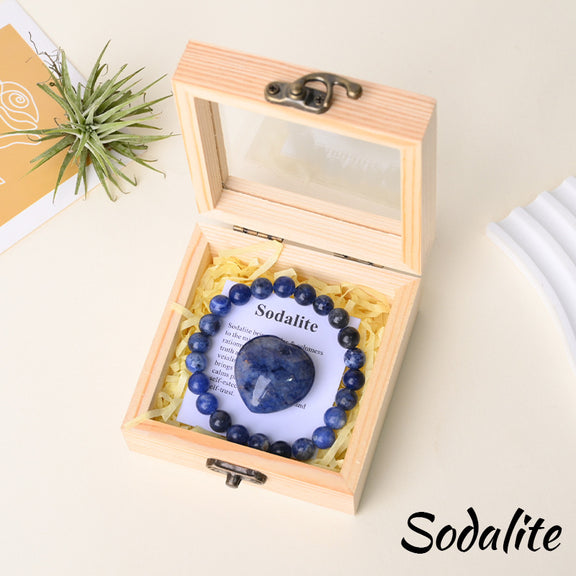 Sodalite bracelet gift set with matching heart stone and crystal meaning card