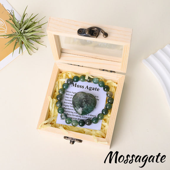 Moss Agate bracelet gift set with matching heart stone and wooden box