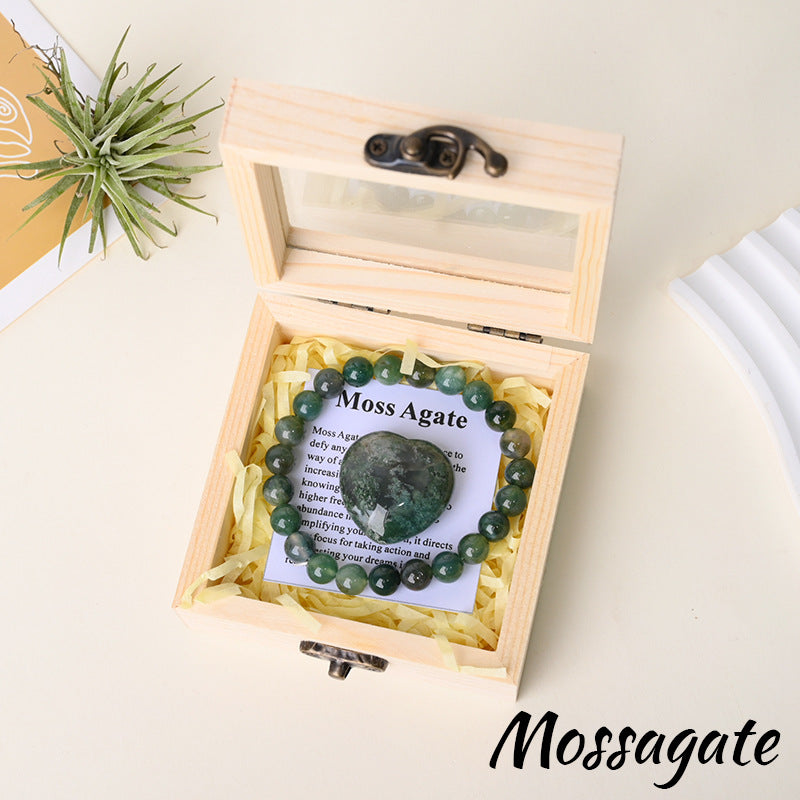 Moss Agate bracelet gift set with matching heart stone and wooden box