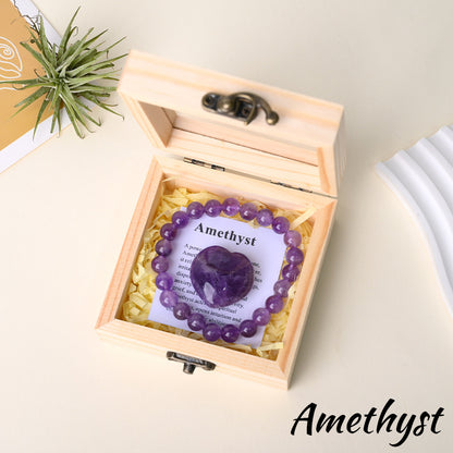 Amethyst bracelet gift set with matching heart stone and wooden box