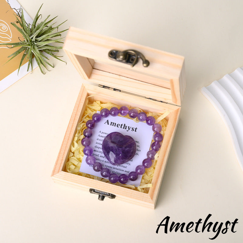 Amethyst bracelet gift set with matching heart stone and wooden box