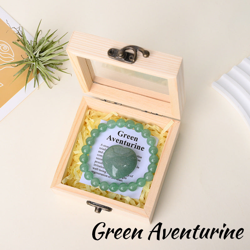 Green Aventurine bracelet gift set with matching heart stone and wooden box