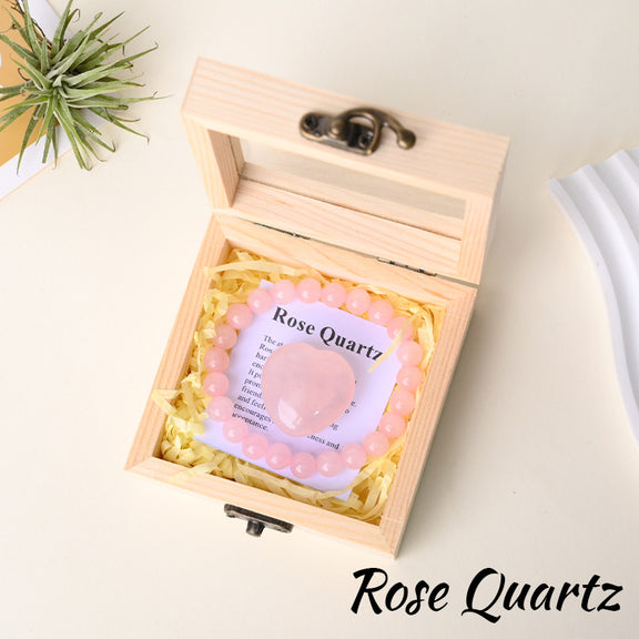 Rose Quartz bracelet gift set with matching heart stone in wooden box