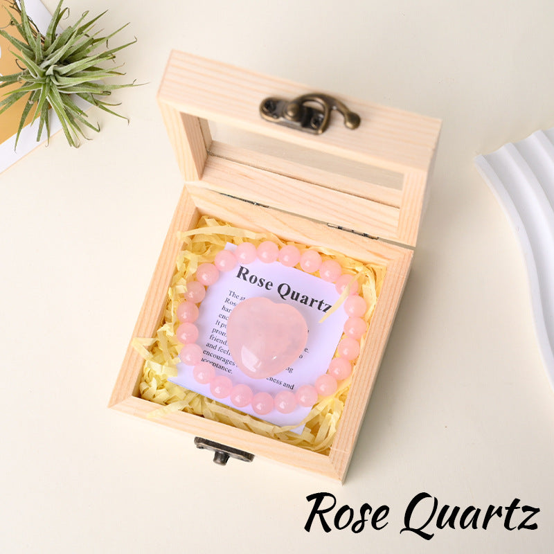 Rose Quartz bracelet gift set with matching heart stone in wooden box