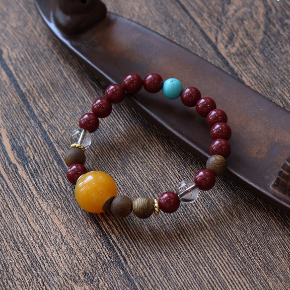Agarwood and Cinnabar Bracelet with Clear Quartz and Stabilized Turquoise Accents AI Companion Crystal Bracelet
