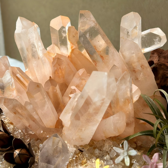 Close-up of the natural orange quartz crystal cluster in the Amber Bloom Crystal Garden highlighting its unique crystal formation and handcrafted details.