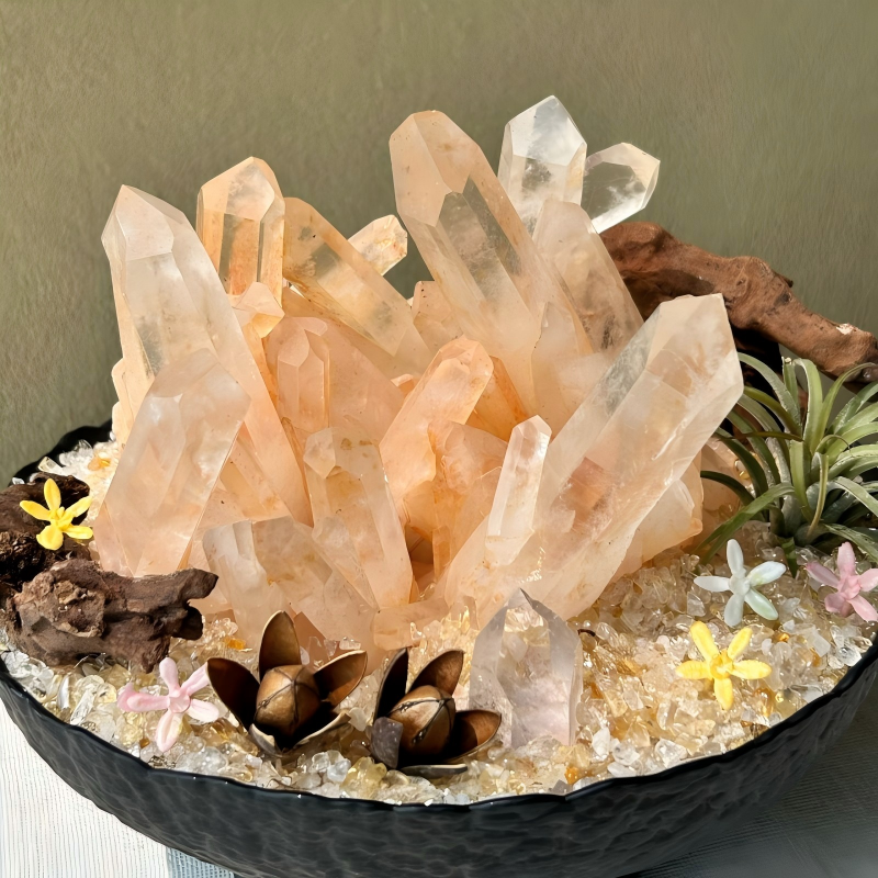 Front view of the Amber Bloom Crystal Garden showcasing a natural quartz crystal landscape with botanical elements.