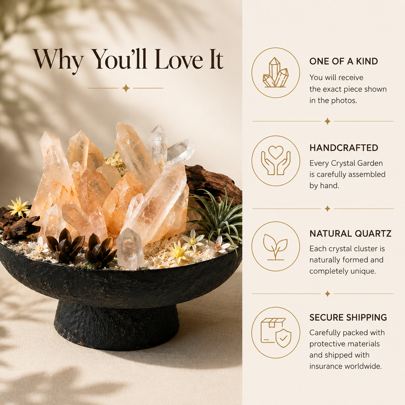 Why You'll Love It infographic highlighting the Amber Bloom Crystal Garden with one-of-a-kind natural quartz, handcrafted craftsmanship, and secure worldwide shipping.