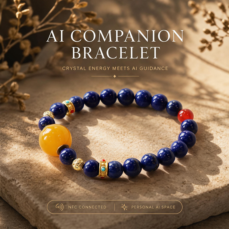 Astral Orbit Zenith Crystal Bracelet crafted with natural Lapis Lazuli and Red Agate beads with signature AI companion bead displayed on warm natural stone background