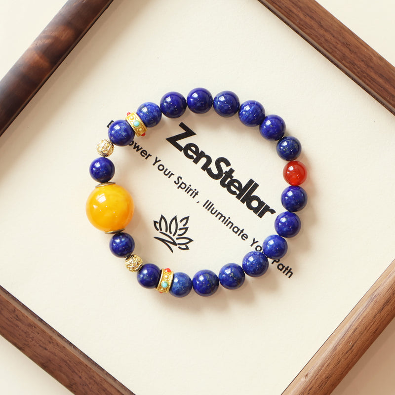 Astral Orbit Zenith AI Companion Bracelet displayed on Zenstellar presentation card with warm ambient lighting highlighting Lapis Lazuli and Red Agate gemstone design