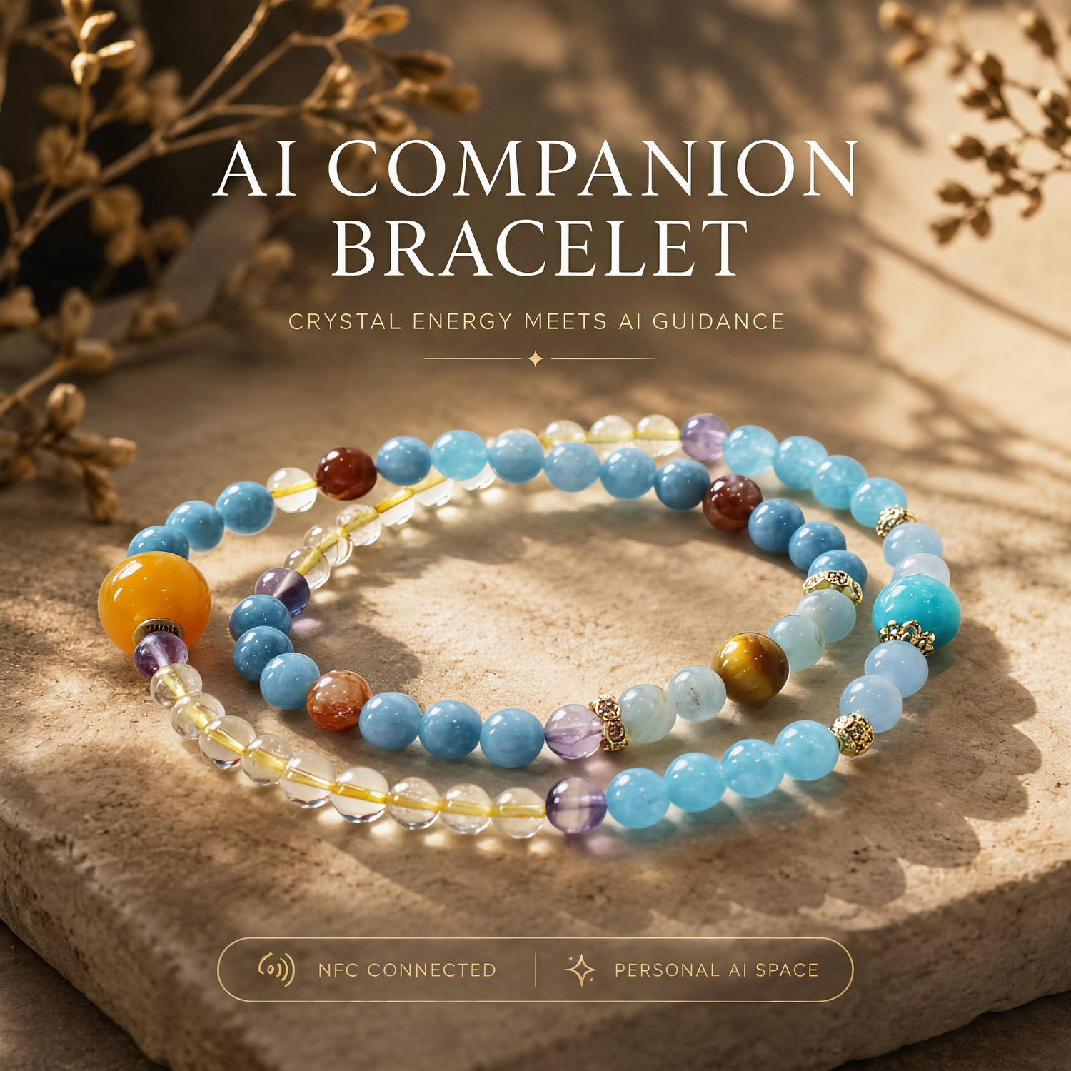 Azure Horizon Promise AI Companion Bracelet featuring Aquamarine, Blue Chalcedony, Fluorite, Citrine, Golden Tiger Eye, Amazonite, Yellow Garden Quartz, Rutilated Quartz, Calcite, and NFC crystal bead.