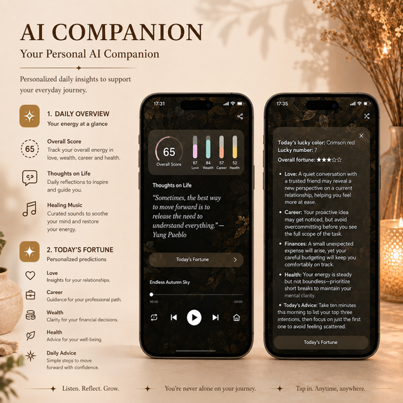 AI Companion bracelet features with daily insights, guidance, fortune and healing music
