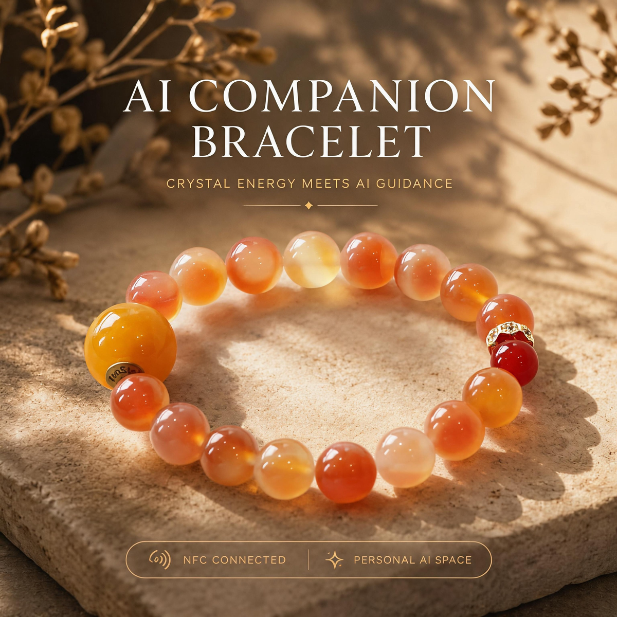 Blush Dawn Flourish AI Companion Bracelet featuring Cherry Blossom Agate, Red Agate, NFC crystal bead, and mindful AI companion jewelry.