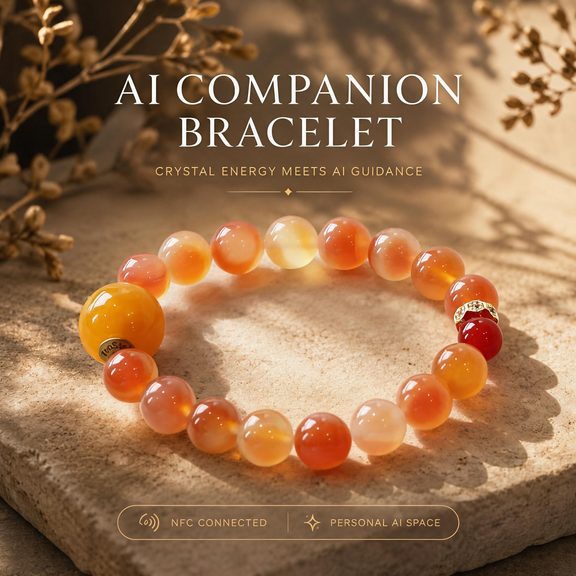 Blush Dawn Flourish AI Companion Bracelet featuring Cherry Blossom Agate, Red Agate, NFC crystal bead, and mindful AI companion jewelry.