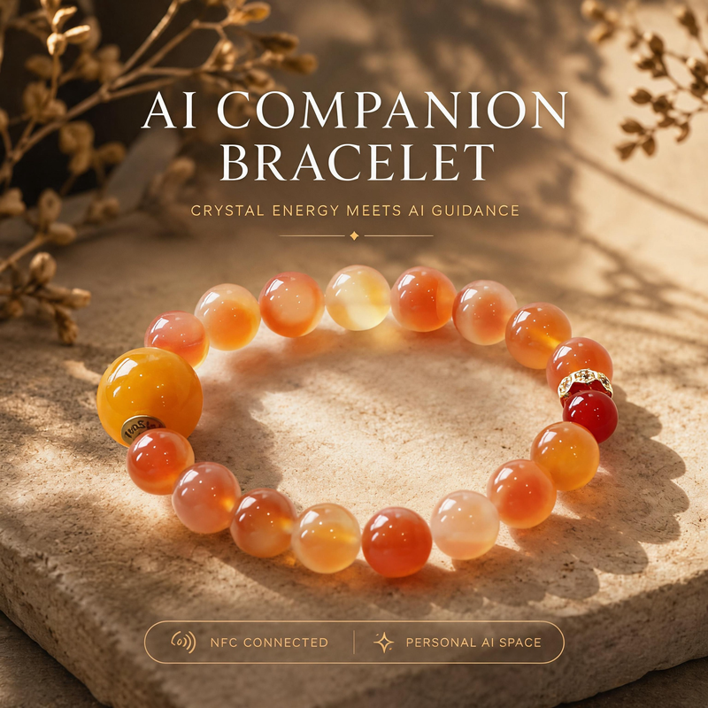 Blush Dawn Flourish AI Companion Bracelet featuring Cherry Blossom Agate, Red Agate, NFC crystal bead, and mindful AI companion jewelry.