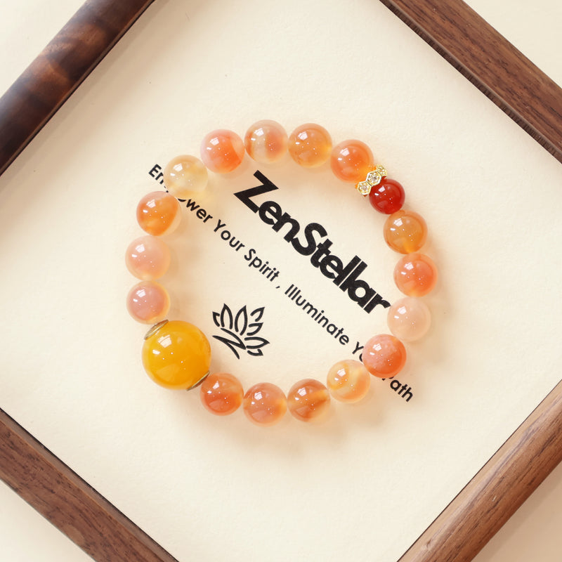 Blush Dawn Flourish Cherry Blossom Agate AI Companion Bracelet displayed with Zenstellar branding, featuring natural Cherry Blossom Agate, Red Agate, and NFC crystal technology.