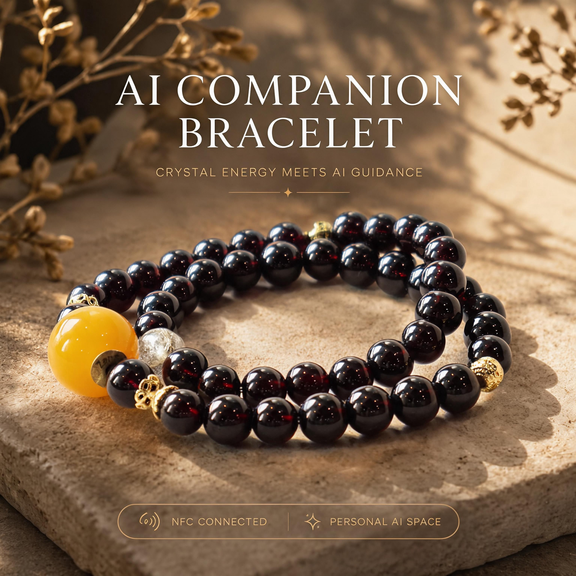 Cinder Motion Pulse Crystal Bracelet crafted with Garnet, Golden Rutilated Quartz, and signature AI companion bead displayed on warm natural stone background