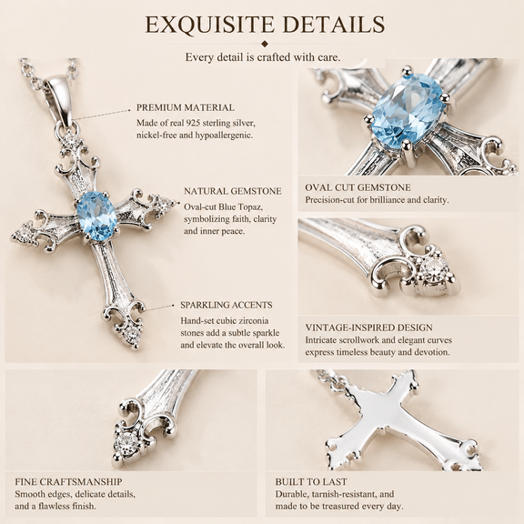 Close up detail of sterling silver cross pendant with natural gemstone setting and craftsmanship