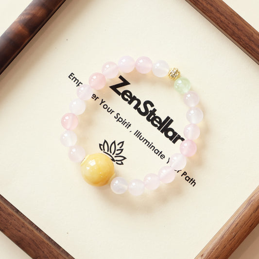 Dew Petal Ease AI Companion Bracelet displayed on Zenstellar presentation card showing NFC connected experience and personal mindful guidance space