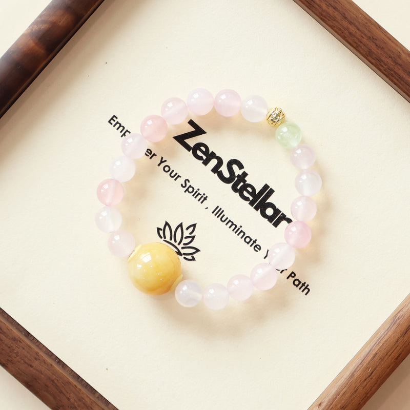 Dew Petal Ease AI Companion Bracelet displayed on Zenstellar presentation card showing NFC connected experience and personal mindful guidance space