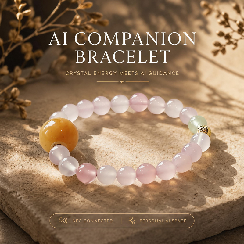 Dew Petal Ease Crystal Bracelet crafted with natural Pink Agate and Prehnite, styled in warm soft light with AI Companion Bracelet presentation