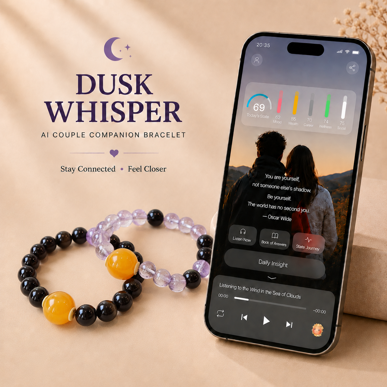 Dusk Whisper AI Couple Companion Bracelet with Gold Obsidian and Purple Rutilated Quartz, connected with HeartBridge emotional companion app