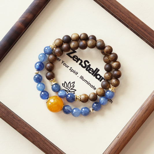 Eastern inspired agarwood and kyanite bracelet with natural materials and mindful jewelry design
