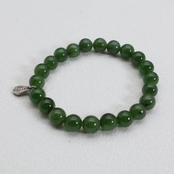 Detail of the 925 sterling silver charm on a green jade bead bracelet